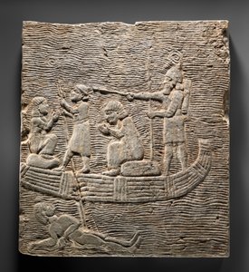 Relieff: Assyrisk soldat fører fanger over vannet, ca. 668–627 f.Kr. (gipsalabast)